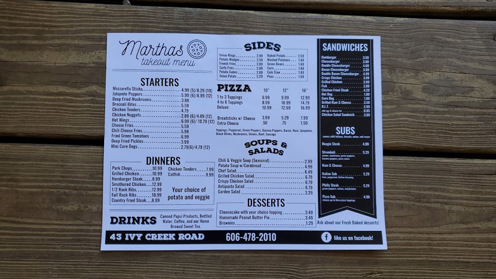 Marthas | restaurant | 43 Ivy Creek, Ivel, KY 41642, USA | 6064782010 OR +1 606-478-2010