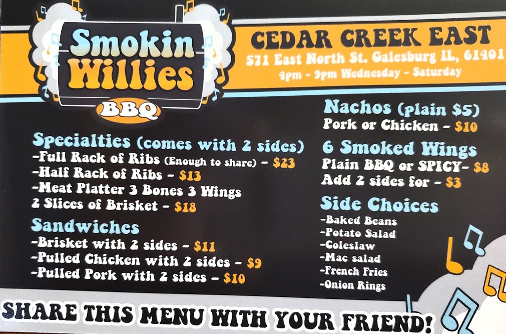 Smokin Willies BBQ | restaurant | 571 E North St, Galesburg, IL 61401, USA | 3093689099 OR +1 309-368-9099