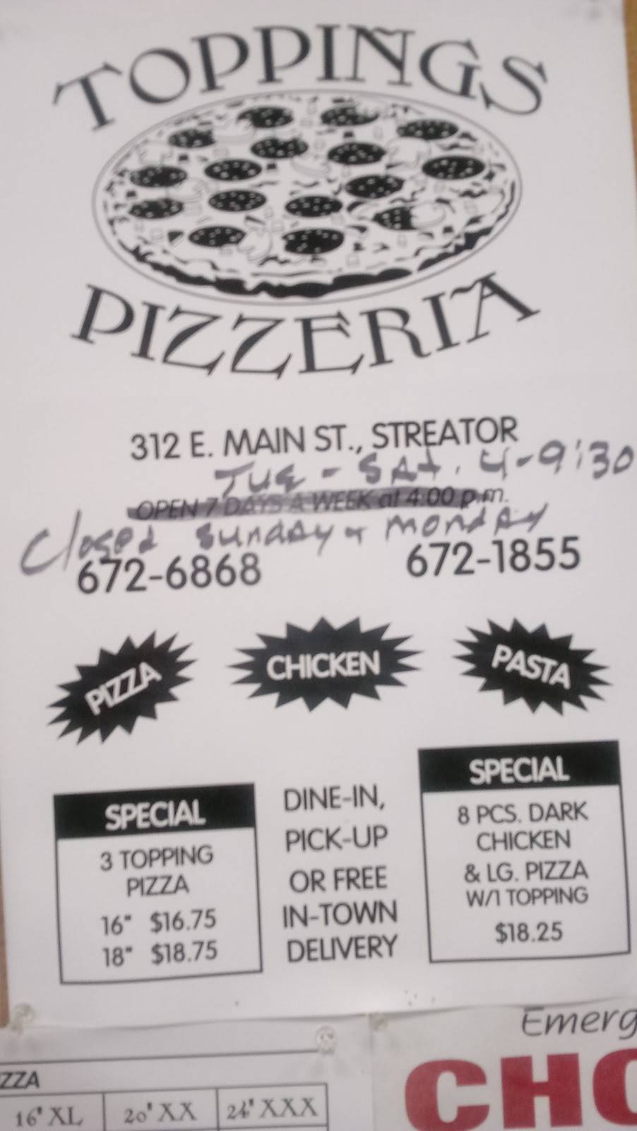 Toppings Pizzeria | restaurant | 312 E Main St, Streator, IL 61364, USA | 8156726868 OR +1 815-672-6868