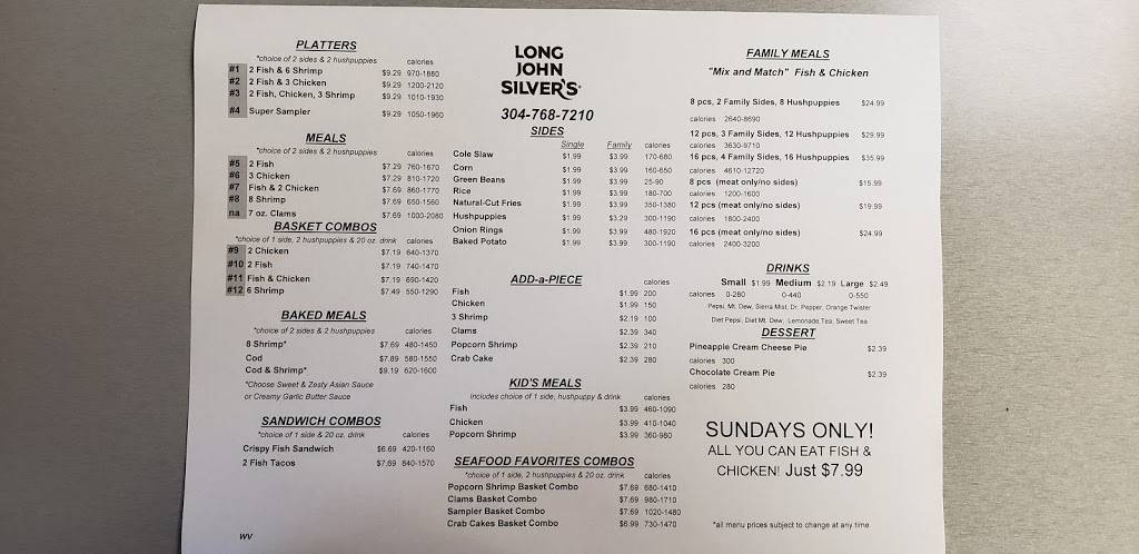 Long John Silvers | restaurant | 4630 MacCorkle Ave SW, Charleston, WV 25309, USA | 3047687210 OR +1 304-768-7210