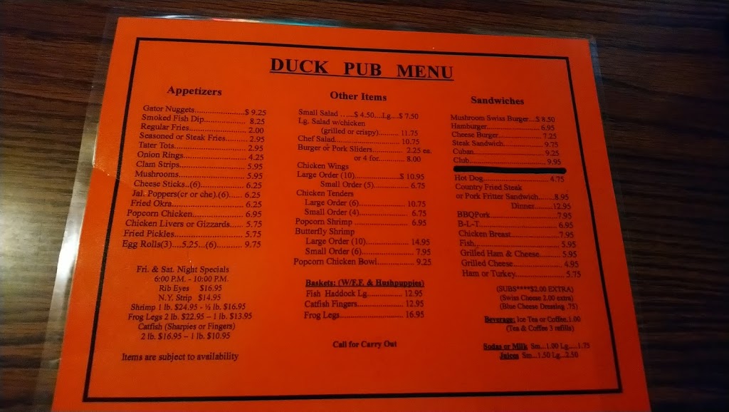 Duck Pub | restaurant | 1037 Lakeport Plaza, Okeechobee, FL 34974, USA | 8639462337 OR +1 863-946-2337