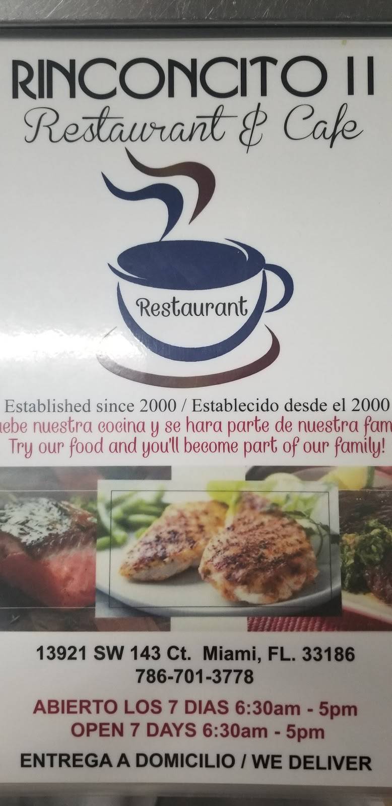Rinconcito Restaurant & Cafe II | restaurant | 13921 SW 143rd Ct, Miami, FL 33186, USA | 7867013778 OR +1 786-701-3778