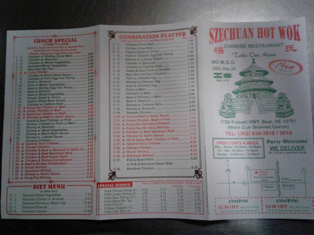Szechuan Hot Wok | restaurant | 1711, 1725 Pulaski Hwy, Bear, DE 19701, USA | 3028343616 OR +1 302-834-3616