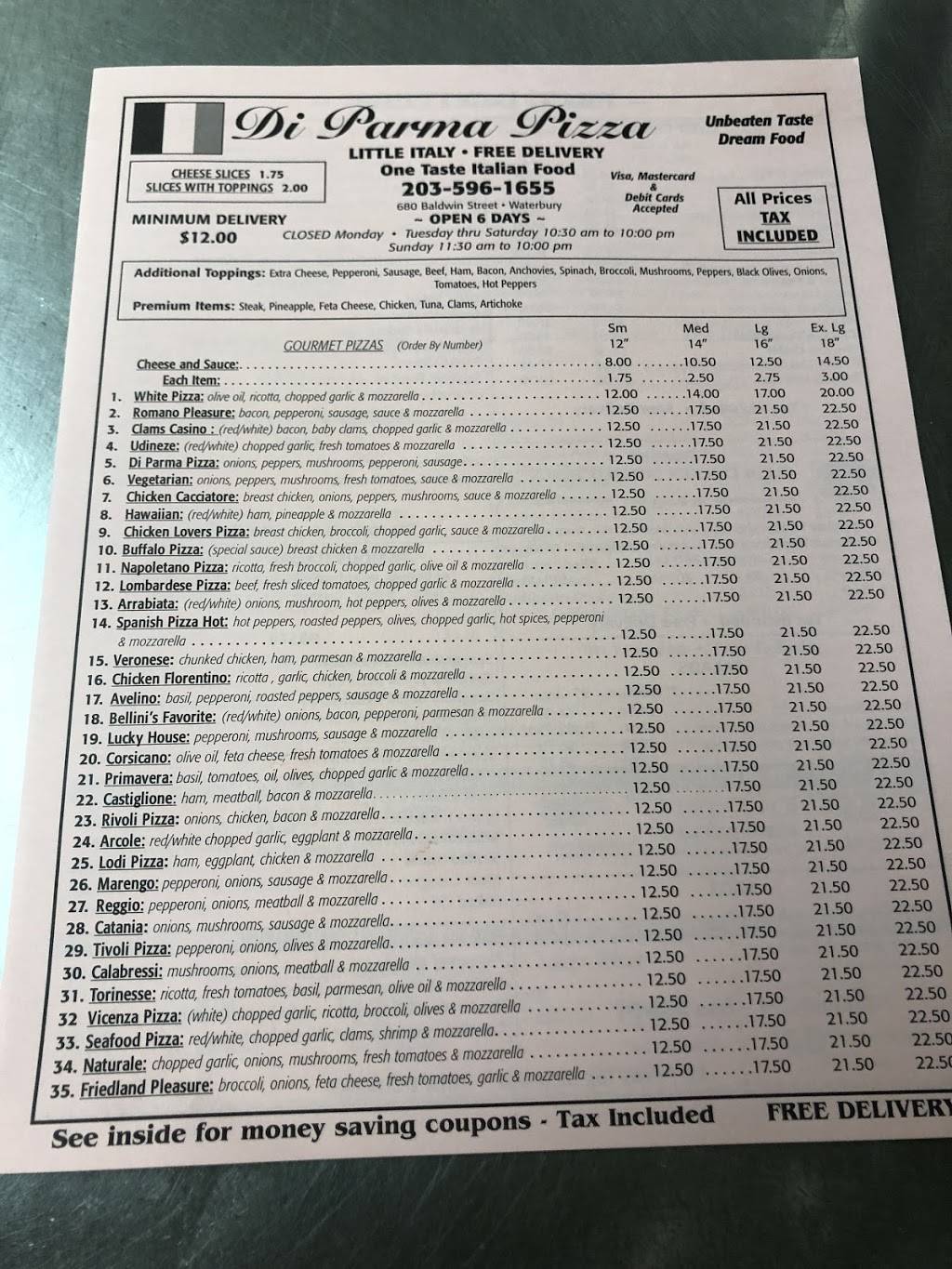 Di Parma Pizza | restaurant | 680 Baldwin St, Waterbury, CT 06706, USA | 2035961655 OR +1 203-596-1655