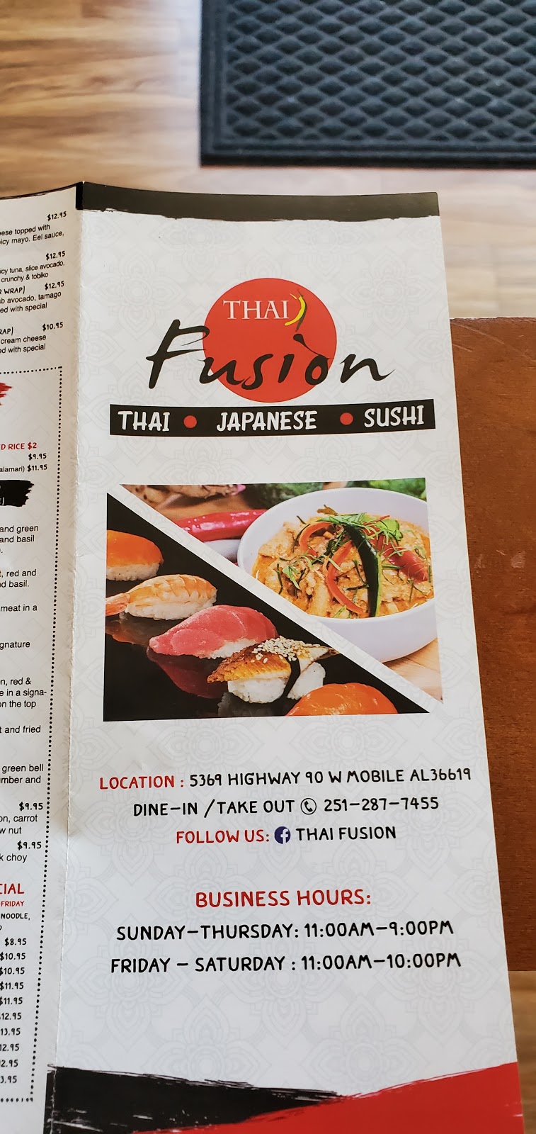 Thai Fusion | restaurant | 5369 US-90, Mobile, AL 36619, USA | 2512877455 OR +1 251-287-7455