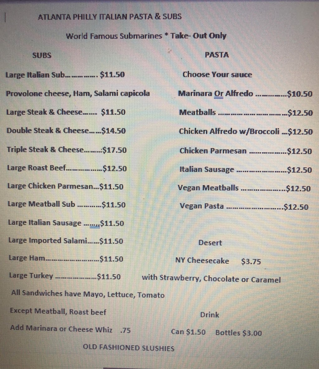 Atlanta Philly Italian Pasta & Subs | restaurant | 1510 Southlake Pkwy Suite 1e, Morrow, GA 30260, USA | 6784897582 OR +1 678-489-7582