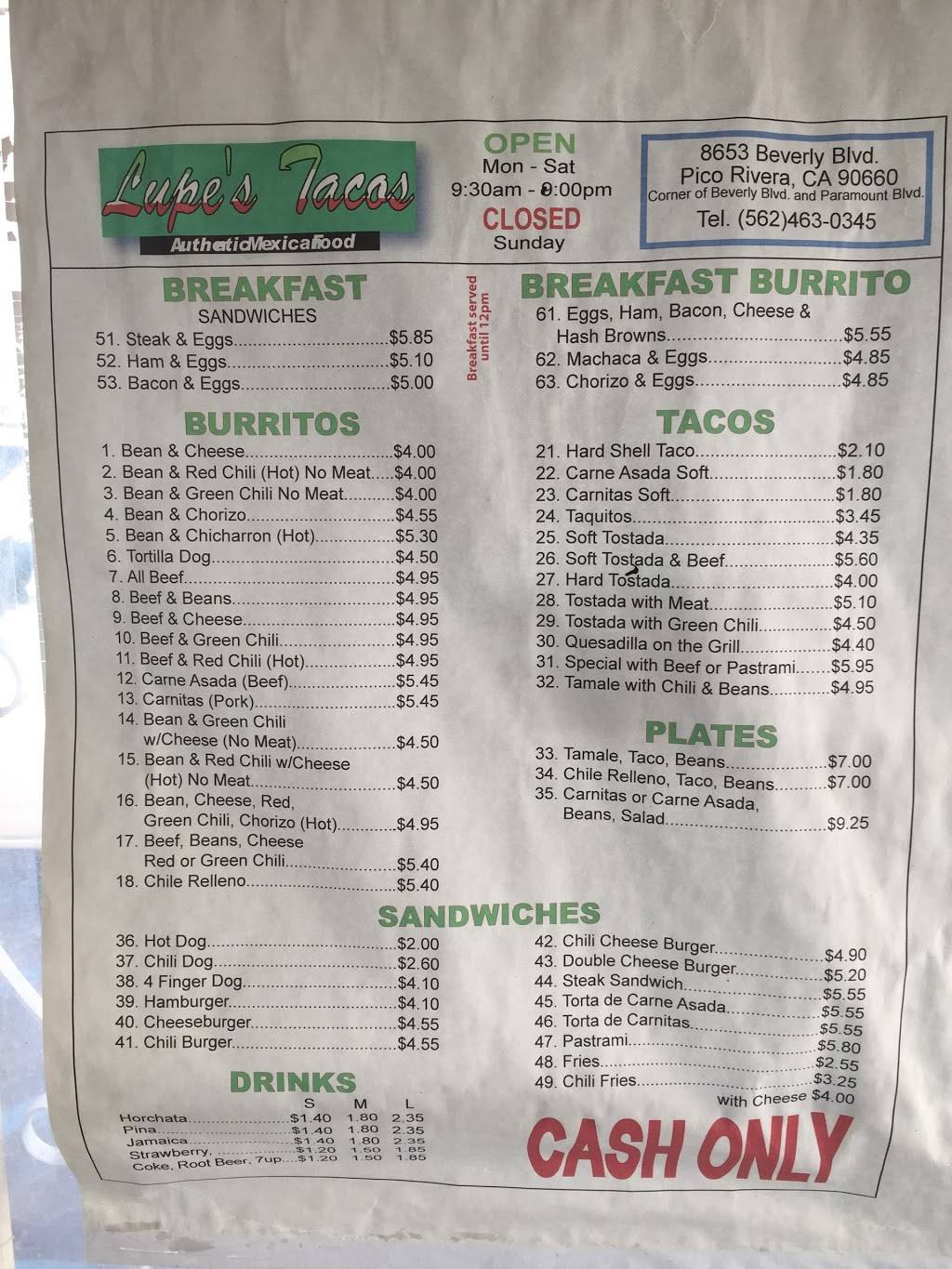 Lupes Restaurant | restaurant | 8653 Beverly Blvd, Pico Rivera, CA 90660, USA | 5624630345 OR +1 562-463-0345