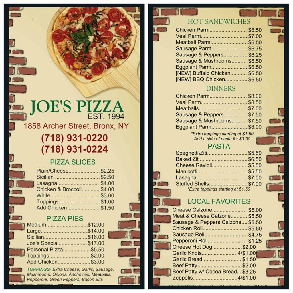 Joes Pizza | restaurant | 1858 Archer St # A, Bronx, NY 10460, USA | 7189310220 OR +1 718-931-0220