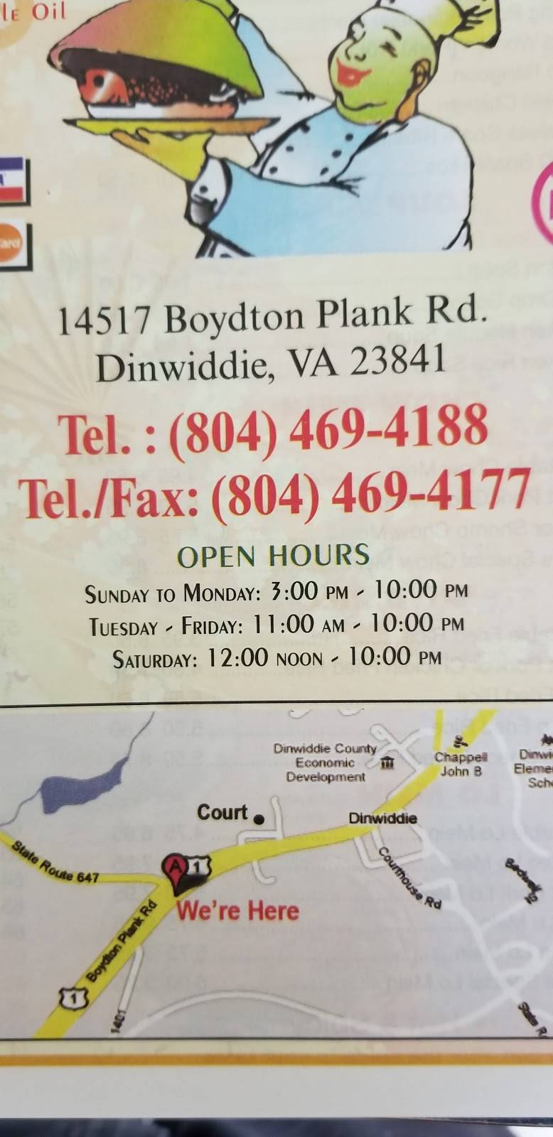 Kins Wok Chinese Restaurant | restaurant | 14517 Boydton Plank Rd, Dinwiddie, VA 23841, USA | 8044694188 OR +1 804-469-4188