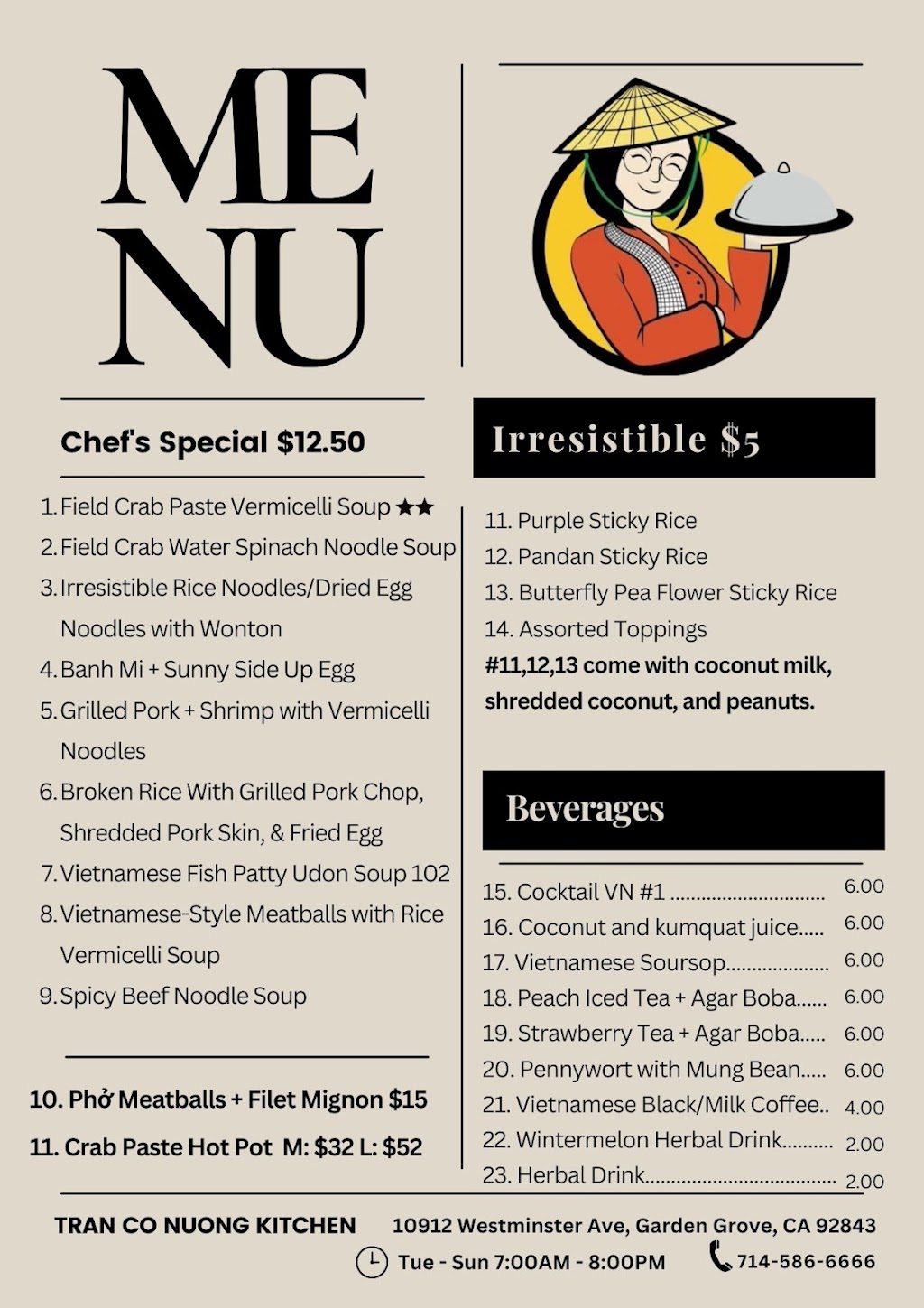 Tran Co Nuong Kitchen | restaurant | 10912 Westminster Ave, Garden Grove, CA 92843, USA | 7145866666 OR +1 714-586-6666