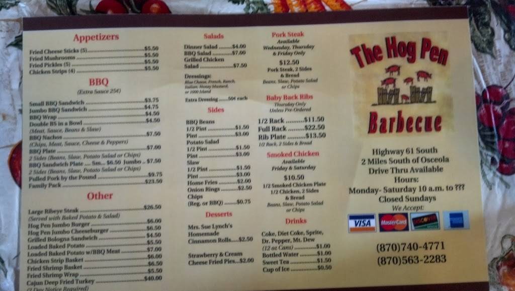 Hog Pen Barbecue | restaurant | 2874 S US-61, Osceola, AR 72370, USA | 8705632283 OR +1 870-563-2283