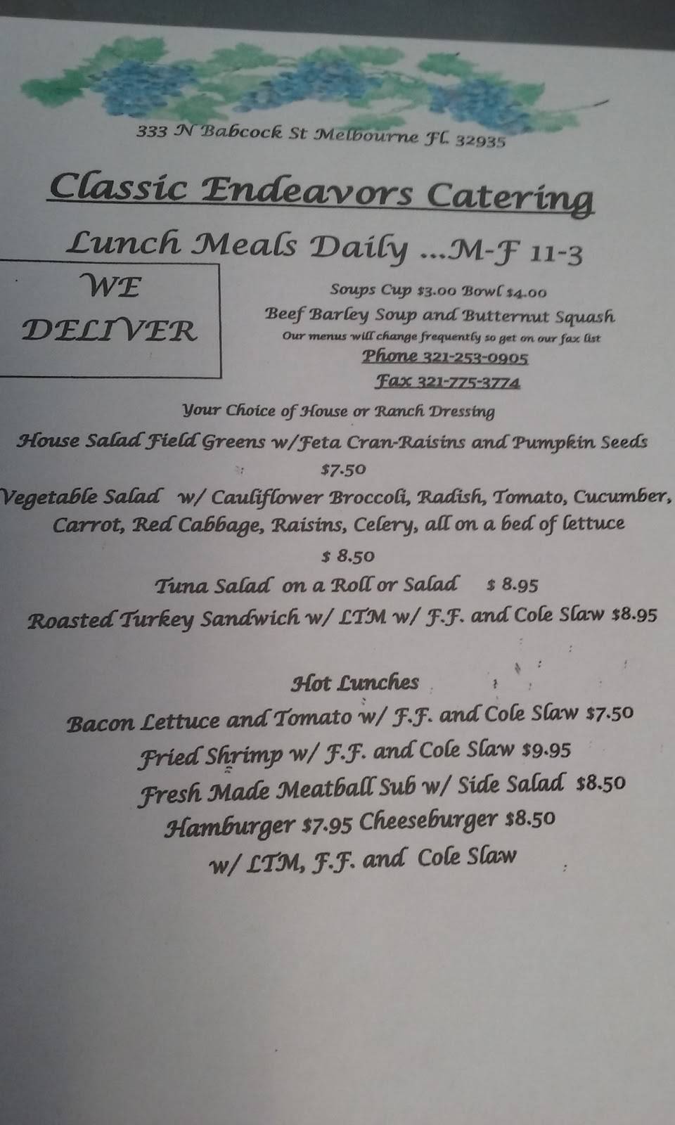 Classic Endeavors Catering | meal takeaway | 333 Babcock St, Melbourne, FL 32935, USA | 3212530905 OR +1 321-253-0905