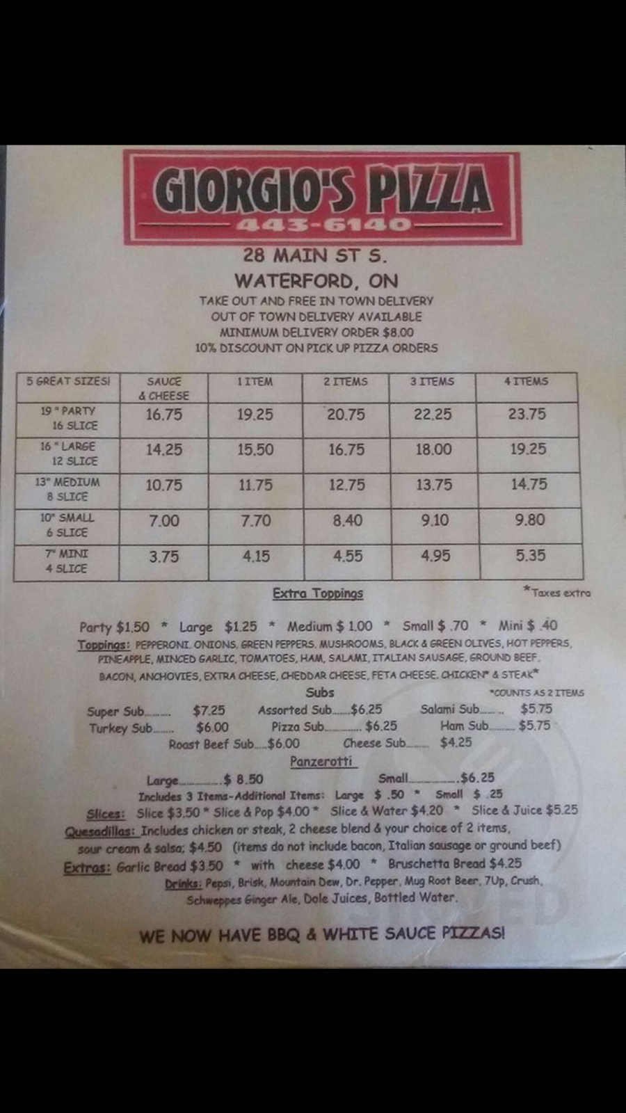 Giorgios Pizza | restaurant | 28 Main St S, Waterford, ON N0E 1Y0, Canada | 5194436140 OR +1 519-443-6140