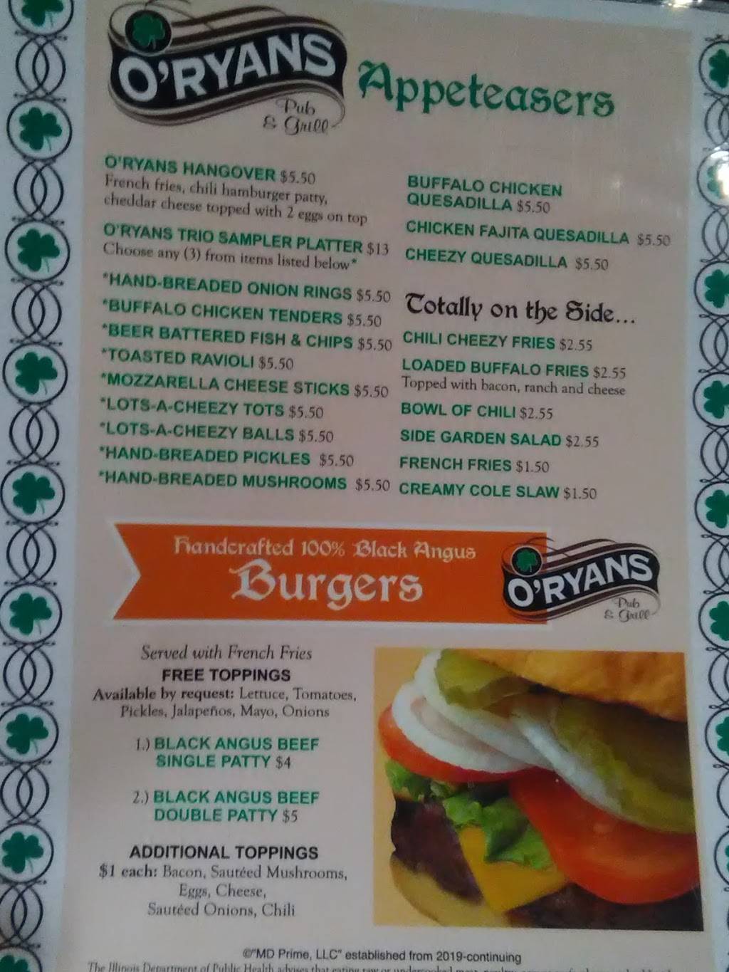 ORyans | restaurant | 57 W Edwardsville Rd, Wood River, IL 62095, USA | 6182162968 OR +1 618-216-2968