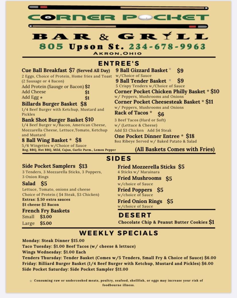 The Corner Pocket Bar | restaurant | 805 Upson St, Akron, OH 44305, USA | 2346789963 OR +1 234-678-9963