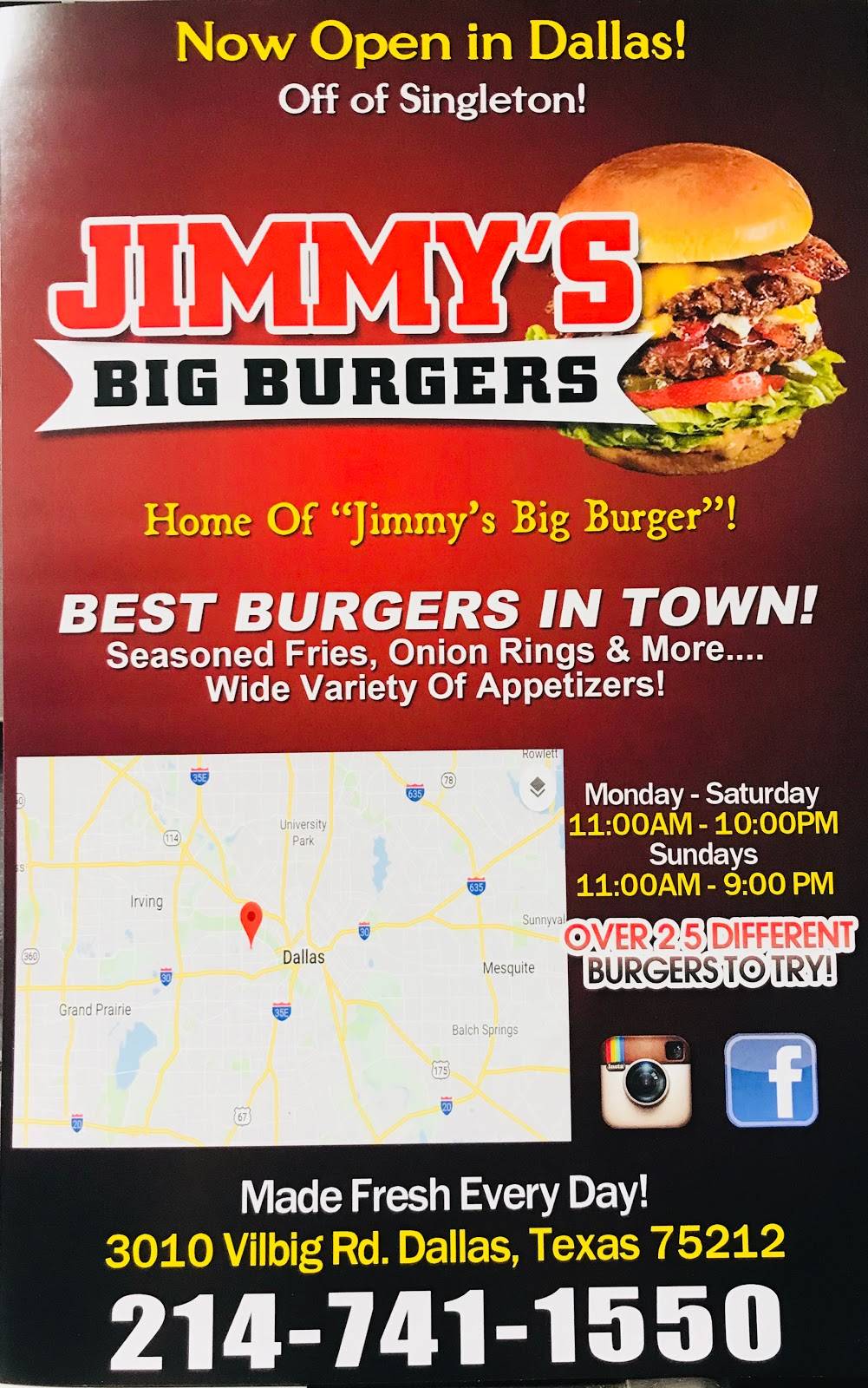 Jimmys Big Burgers | restaurant | 3010 Vilbig Rd, Dallas, TX 75212, USA | 2147411550 OR +1 214-741-1550