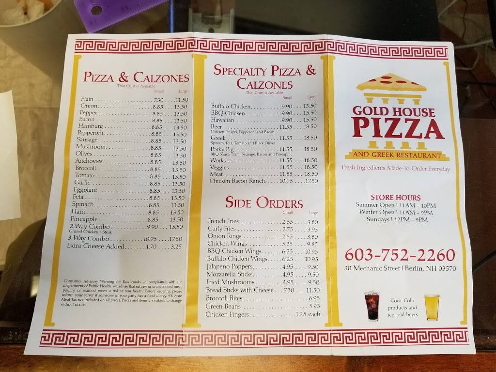 Gold House Pizza & Restaurant | restaurant | 30 Mechanic St, Berlin, NH 03570, USA | 6037522260 OR +1 603-752-2260