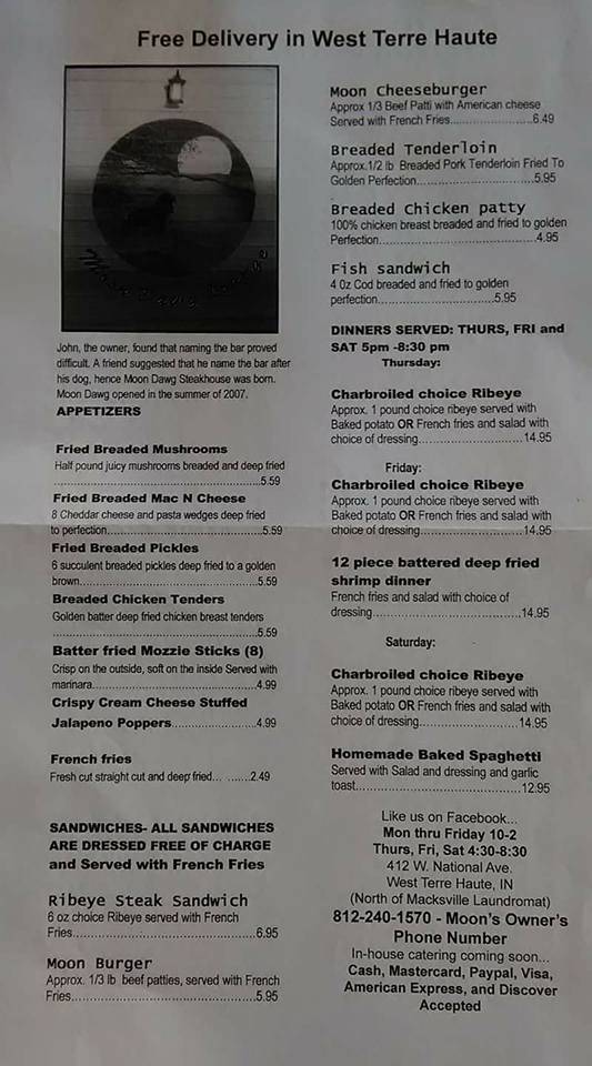 Moon Dawg Steakhouse | restaurant | 408 National Ave, West Terre Haute, IN 47885, USA | 8122401570 OR +1 812-240-1570