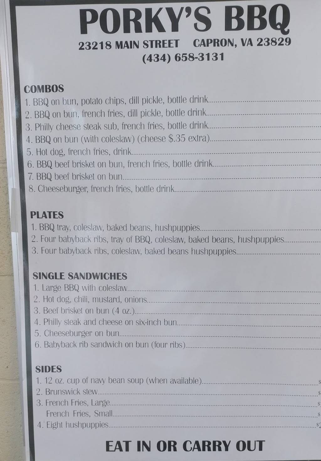 Porkys BBQ | restaurant | 23200-, 23240 Main St, Capron, VA 23829, USA | 4346583131 OR +1 434-658-3131