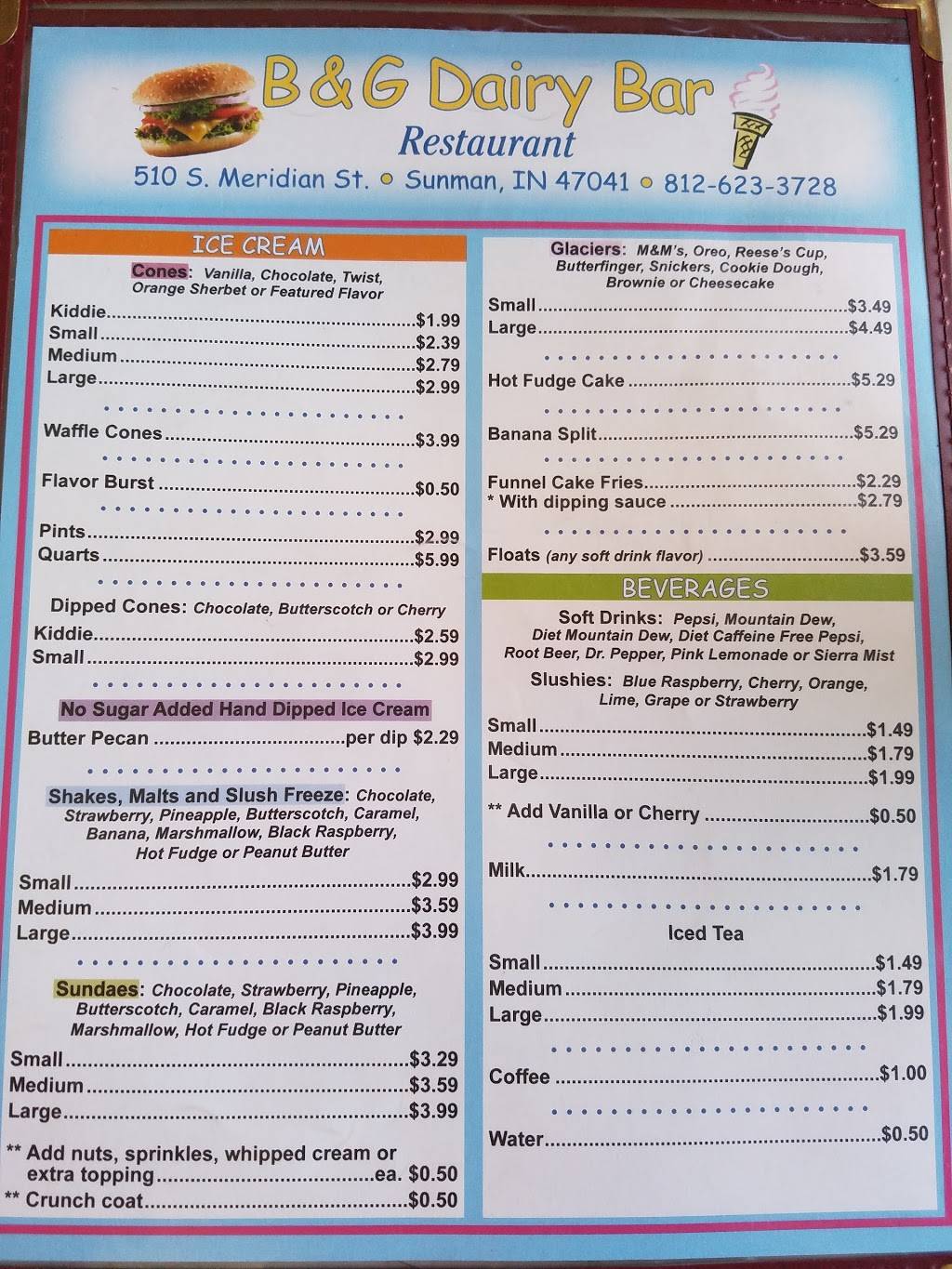 B & G Dairy Bar | restaurant | 510 S Meridian St, Sunman, IN 47041, USA | 8126233728 OR +1 812-623-3728