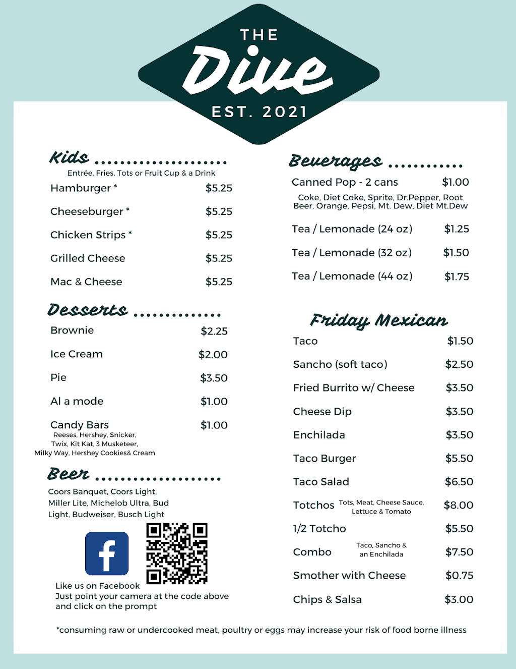 The Dive | restaurant | 408 N Main St, Allen, KS 66833, USA | 6205283355 OR +1 620-528-3355