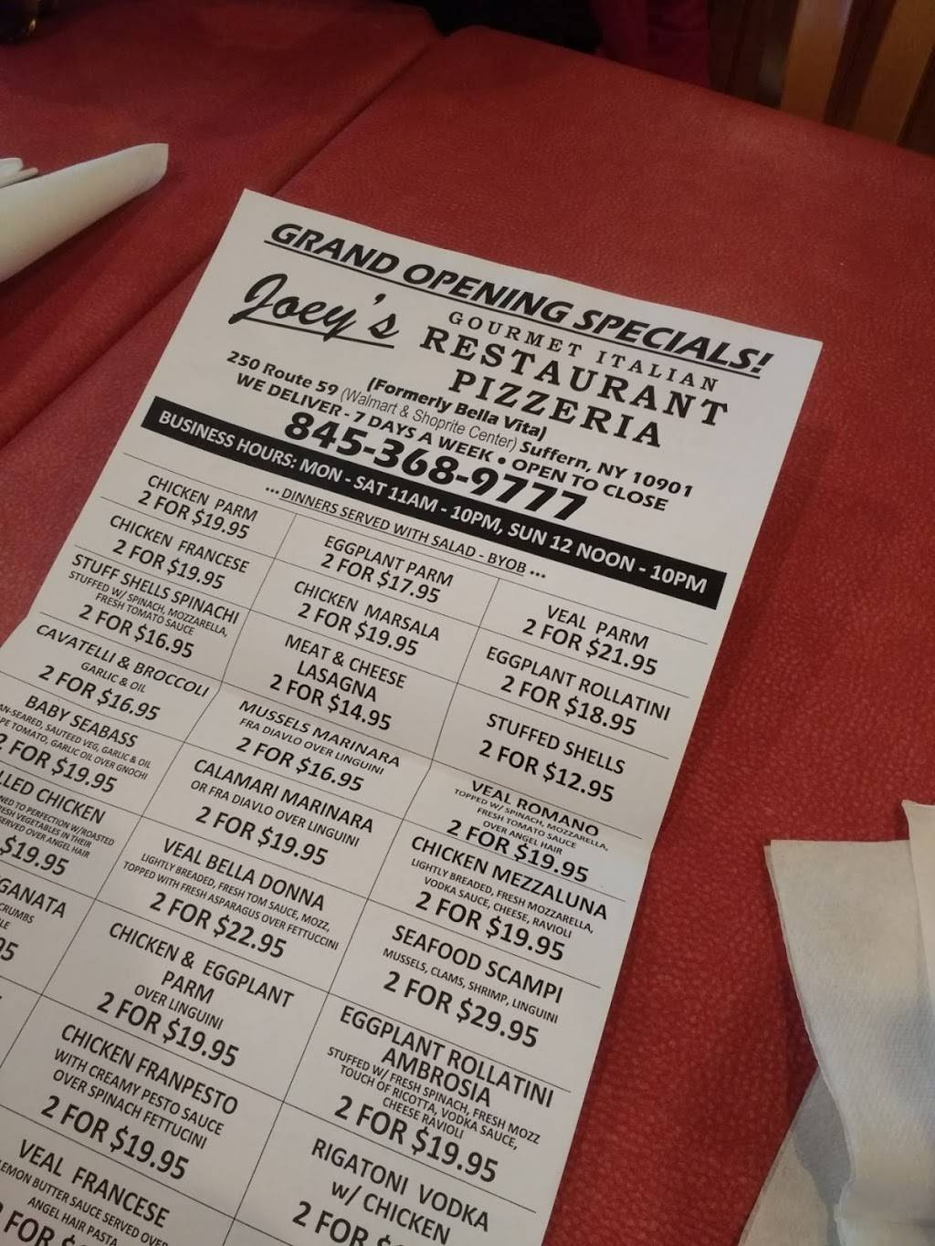 Joeys Gourmet Italian Restaurant & Pizzeria | restaurant | 250 NY-59, Suffern, NY 10901, USA | 8453689777 OR +1 845-368-9777