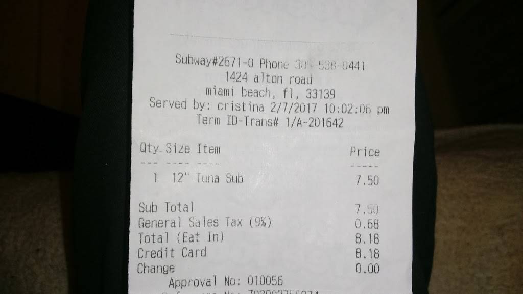 Subway | restaurant | 1424 Alton Rd, Miami Beach, FL 33139, USA | 3055380441 OR +1 305-538-0441