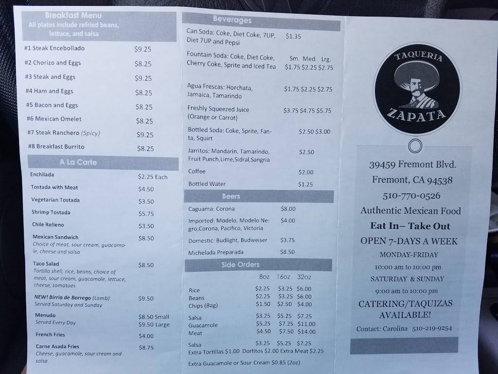 Taqueria Zapata | restaurant | 39459 Fremont Blvd, Fremont, CA 94538, USA | 5107700526 OR +1 510-770-0526