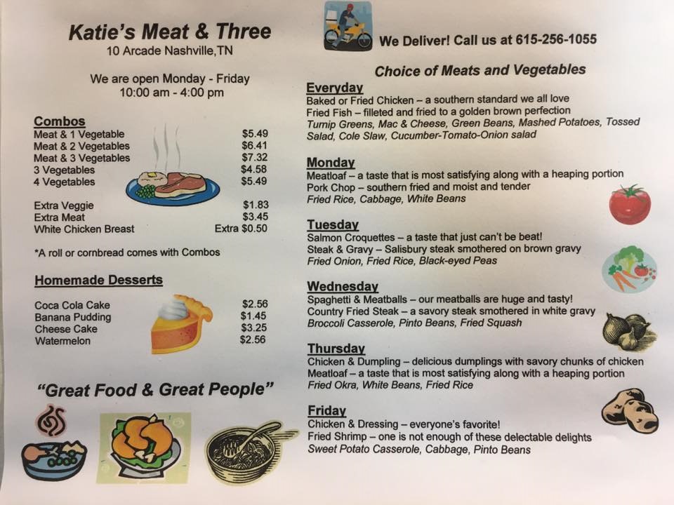 Katies Meat & Three | restaurant | 10 Arcade Alley, Nashville, TN 37219, USA | 6152561055 OR +1 615-256-1055