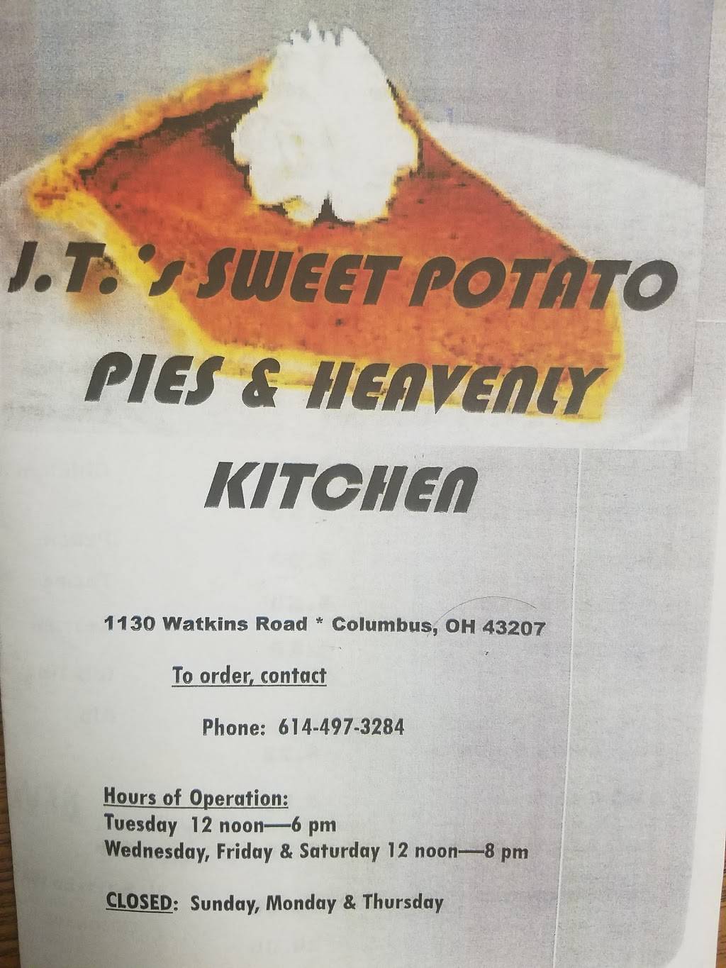 J.T.s Sweet Potato Pies & Heavenly Kitchen | restaurant | 1130 Watkins Rd, Columbus, OH 43207, USA | 6144973284 OR +1 614-497-3284