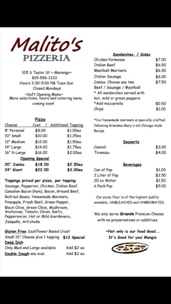 Malitos Pizza | restaurant | 105 S Taylor St, Marengo, IL 60152, USA | 8155961333 OR +1 815-596-1333