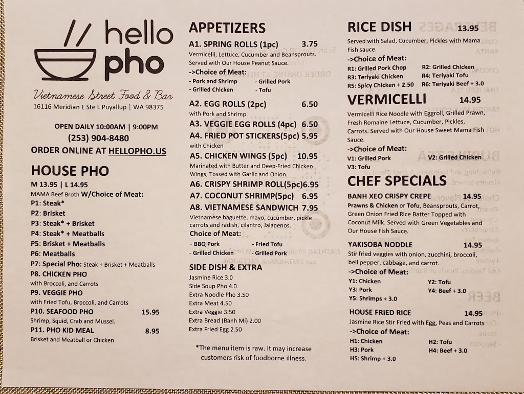 Hello Pho | restaurant | 16116 Meridian Ave E Ste L, Puyallup, WA 98375, USA | 2539048480 OR +1 253-904-8480