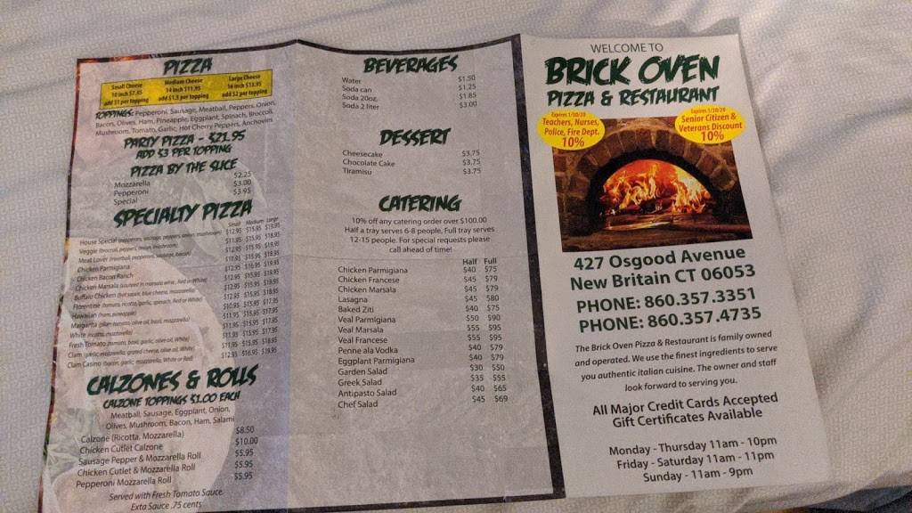 Brick Oven Pizza & Restaurant | restaurant | 427 Osgood Ave, New Britain, CT 06053, USA | 8603573351 OR +1 860-357-3351