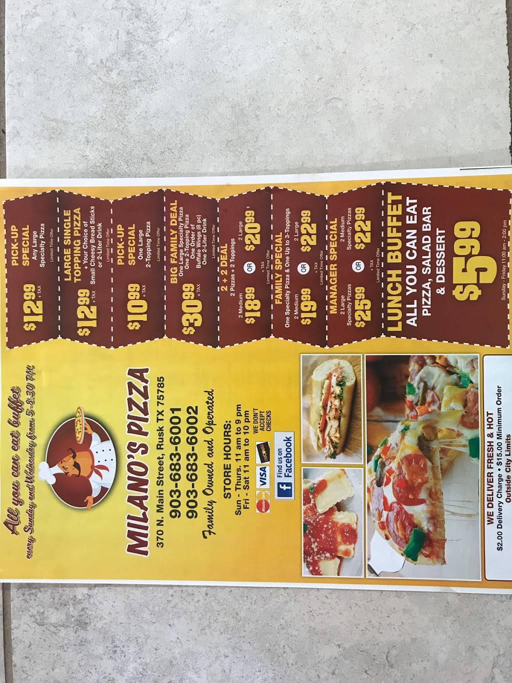 Milanos pizza rusk | restaurant | 370 N Main St, Rusk, TX 75785, USA | 9036836001 OR +1 903-683-6001