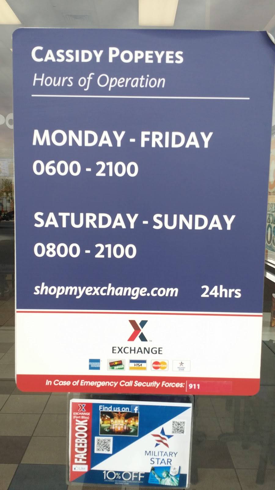 Popeyes Louisiana Kitchen | restaurant | 196 Cassidy Rd, Fort Bliss, TX 79906, USA | 9155661829 OR +1 915-566-1829