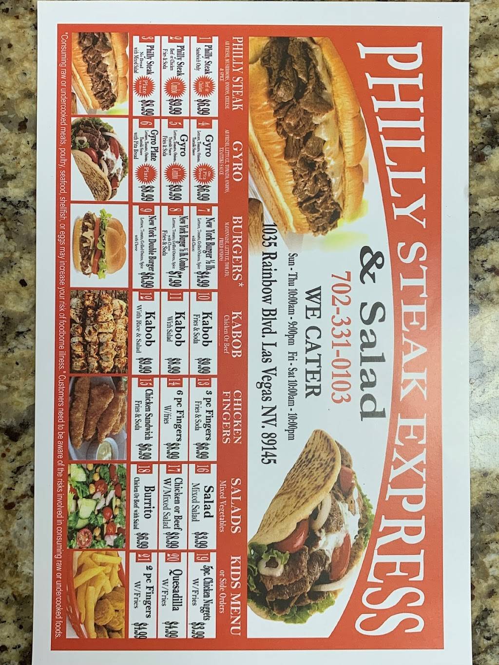 Philly Steak Express | restaurant | 1035 S Rainbow Blvd, Las Vegas, NV 89145, USA | 7023310103 OR +1 702-331-0103