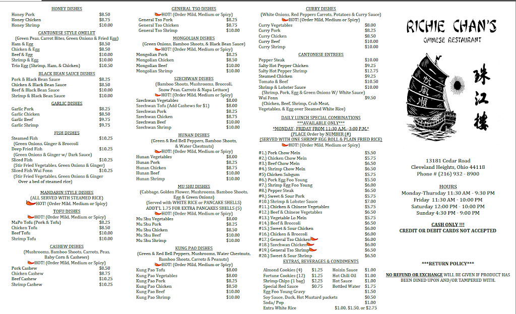 Richie Chans Chinese Restaurant | meal takeaway | 13181 Cedar Rd, Cleveland, OH 44118, USA | 2169328900 OR +1 216-932-8900