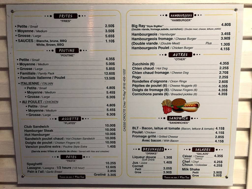 Casse-Croûte chez Ti-Ray | restaurant | 31 Route Principale O, Sainte-Cécile-de-Masham, QC J0X 2W0, Canada | 8194561222 OR +1 819-456-1222