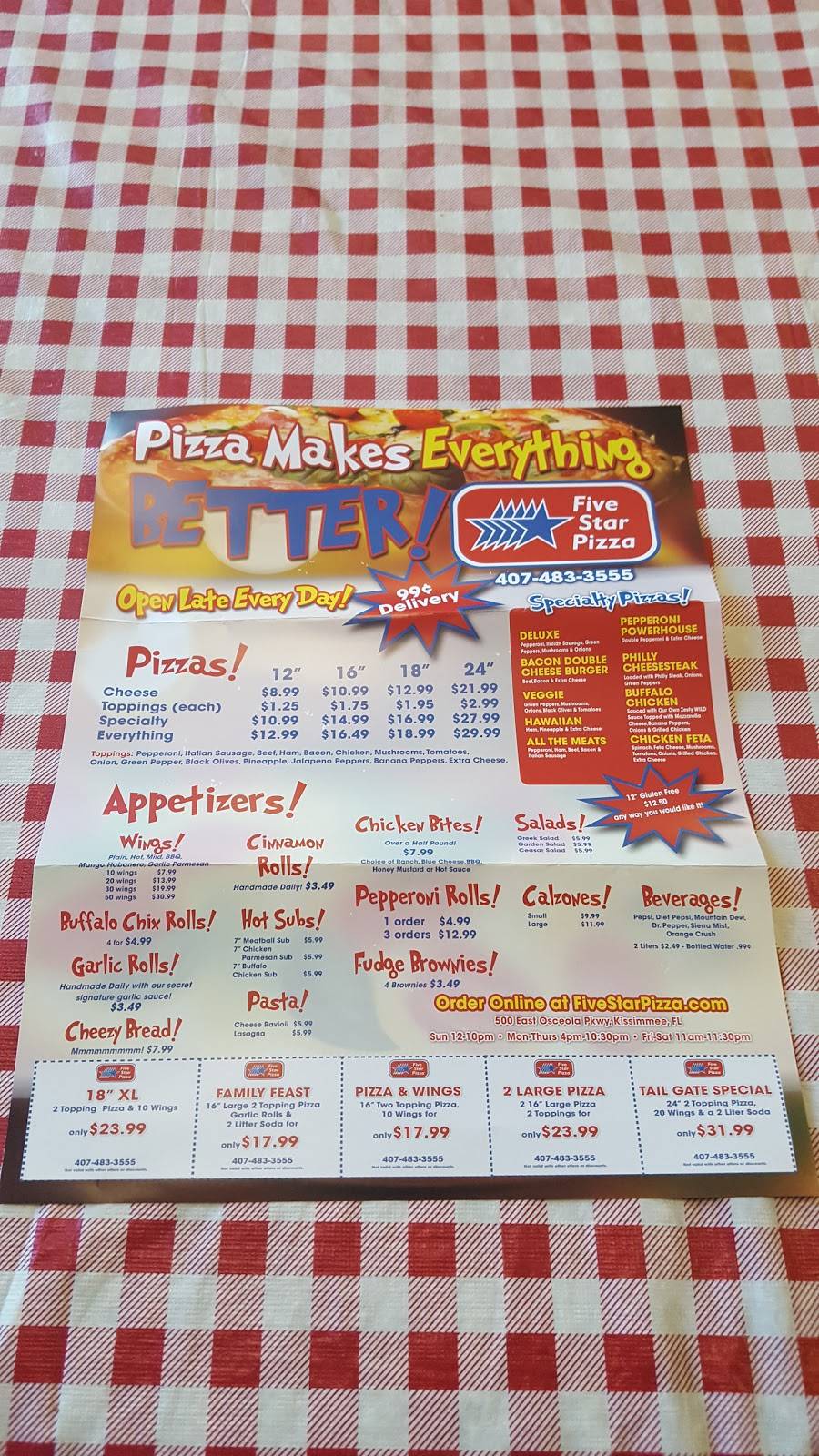 Five Star Pizza | restaurant | 500 E Osceola Pkwy, Kissimmee, FL 34744, USA | 4074833555 OR +1 407-483-3555