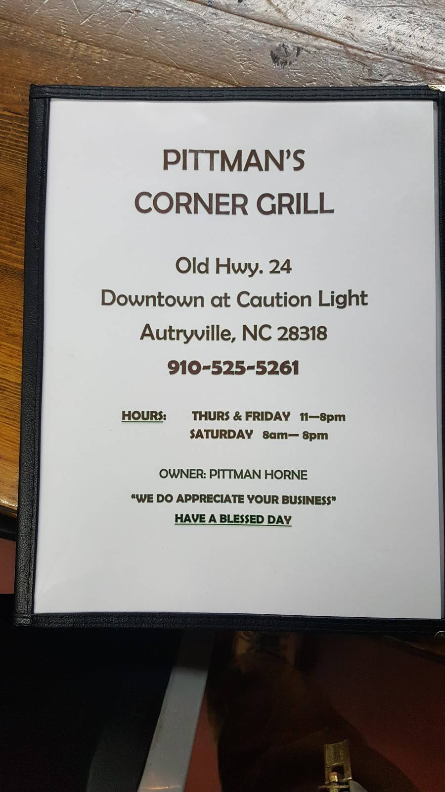 Pittmans Corner Grill | restaurant | 101 E Williams St, Autryville, NC 28318, USA | 9105255261 OR +1 910-525-5261