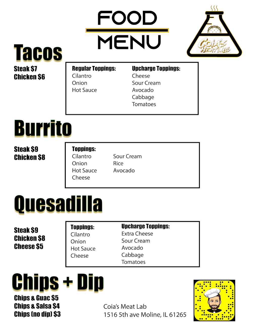 Coias Meat Lab | restaurant | 1516 5th Ave, Moline, IL 61265, USA | 3094280589 OR +1 309-428-0589