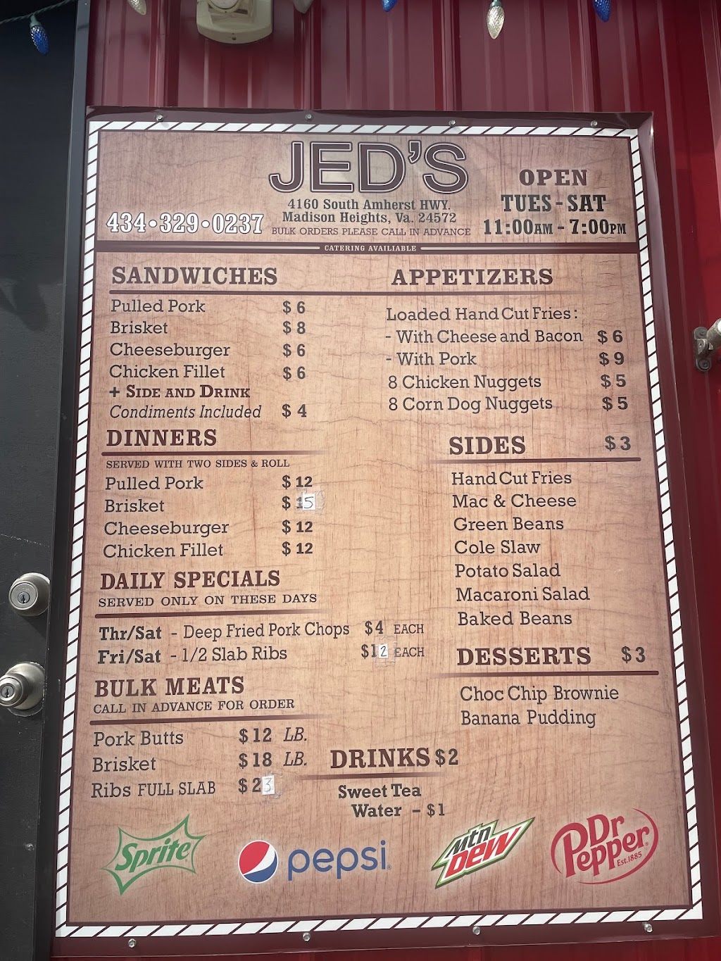 Jed’s | restaurant | 4160 S Amherst Hwy, Madison Heights, VA 24572, USA | 4343290237 OR +1 434-329-0237