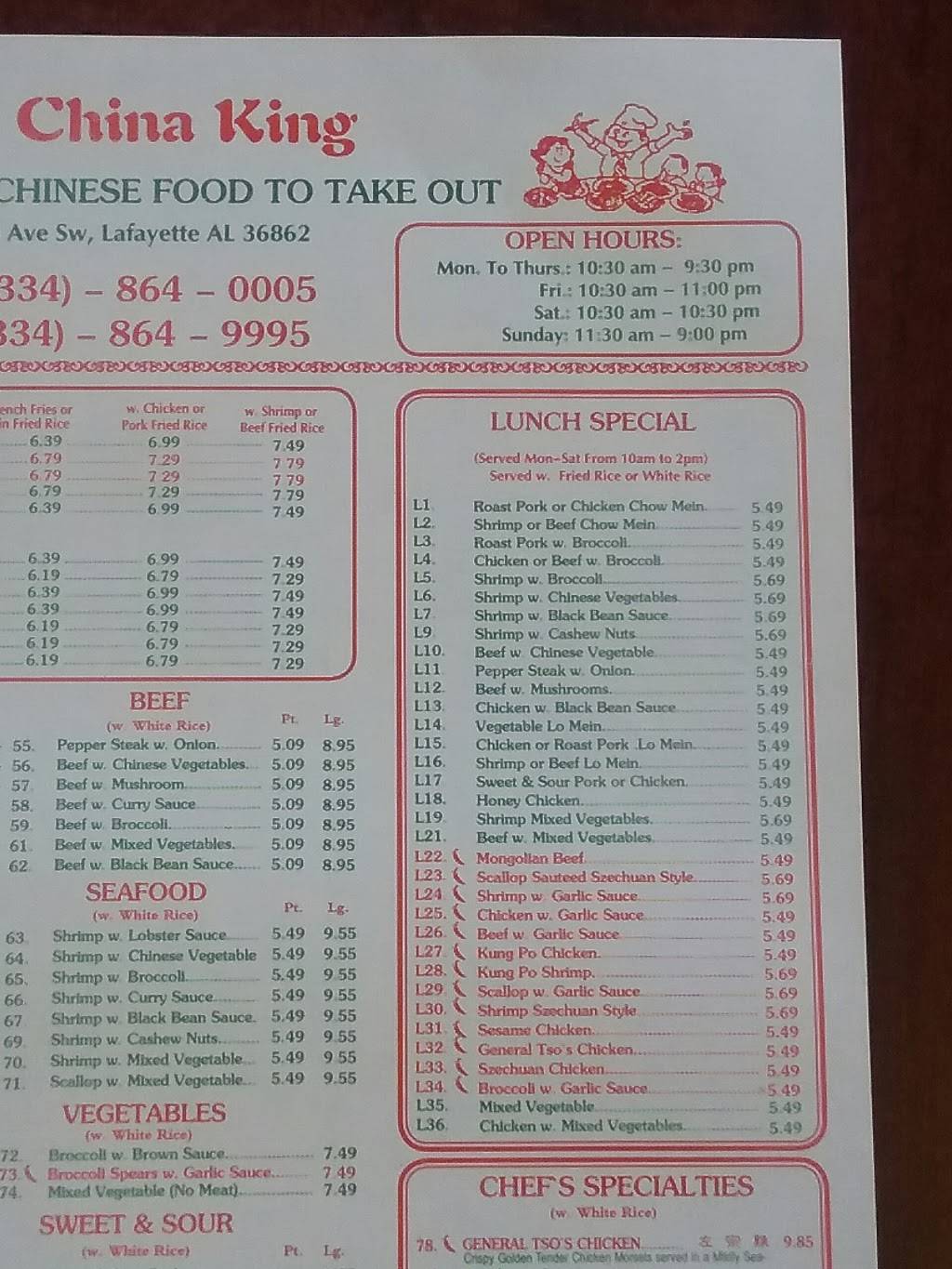 China King | meal takeaway | 124 1st St NW, La Fayette, AL 36862, USA | 3348640005 OR +1 334-864-0005