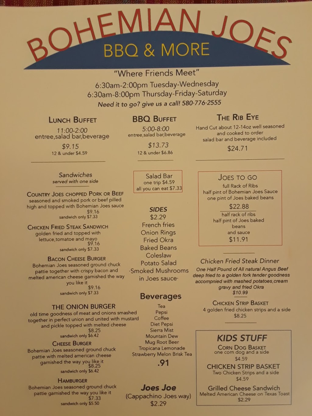 Bohemian Joe’s BBQ & More | cafe | 47096 US-412, Meno, OK 73760, USA | 5807762555 OR +1 580-776-2555