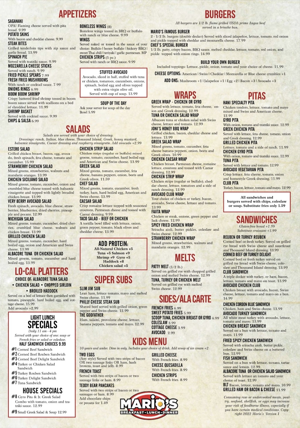 Marios | restaurant | 20301 Grande Oak Shoppes Dr Suite 108, Estero, FL 33928, USA | 2399494423 OR +1 239-949-4423