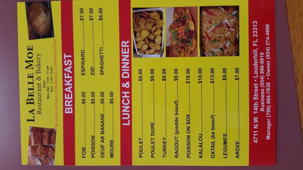 La Belle Moe Restaurant | restaurant | 4711 NW 14th St, Lauderhill, FL 33313, USA | 9549906910 OR +1 954-990-6910