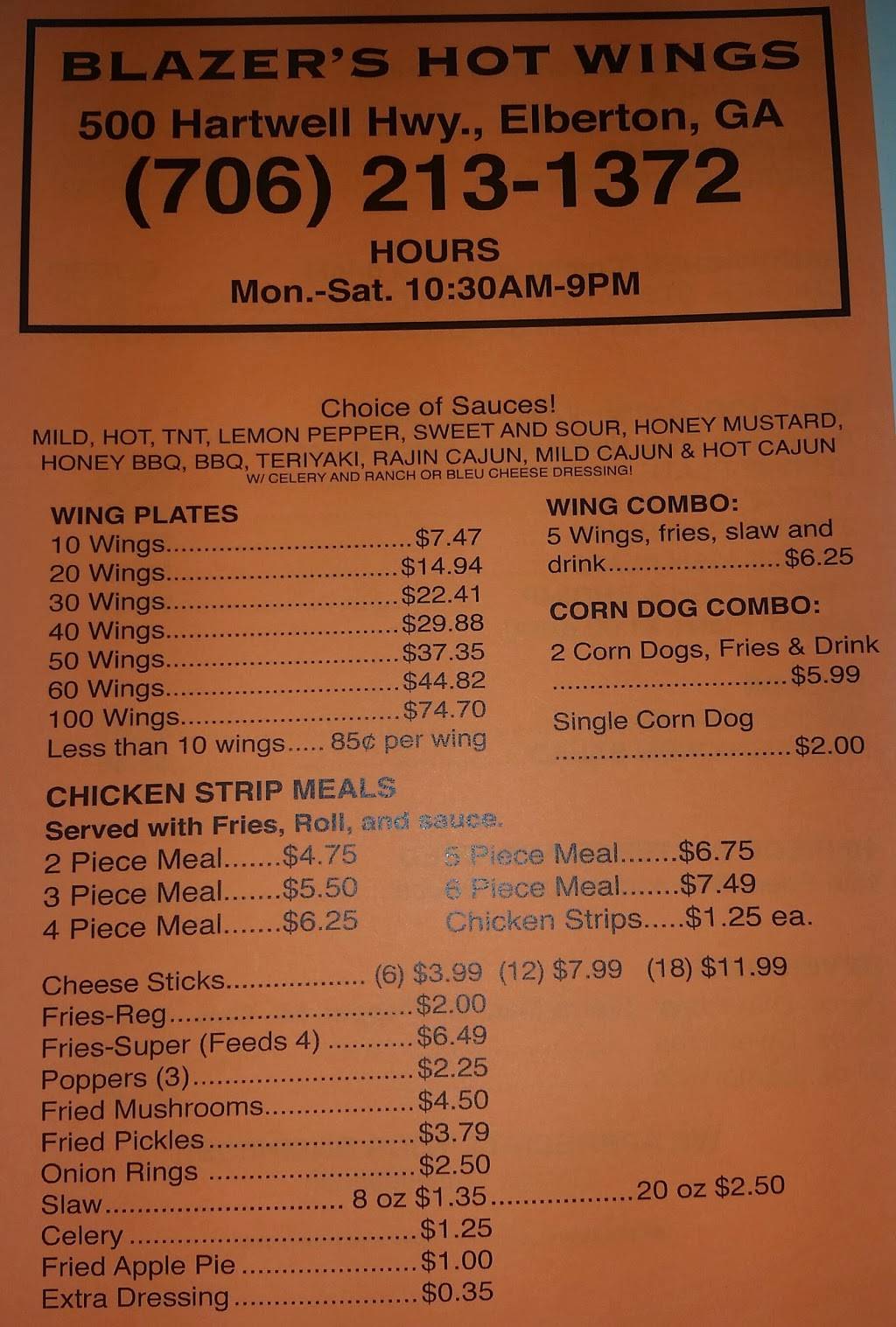 Blazers Hotwings Of Elberton | restaurant | 500 Hartwell Hwy, Elberton, GA 30635, USA | 7062131372 OR +1 706-213-1372