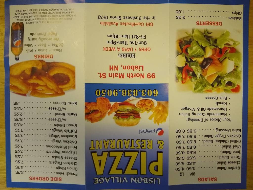 Lisbon Village Pizza | restaurant | 99 North Main Street, Lisbon, NH 03585, USA | 6038389050 OR +1 603-838-9050