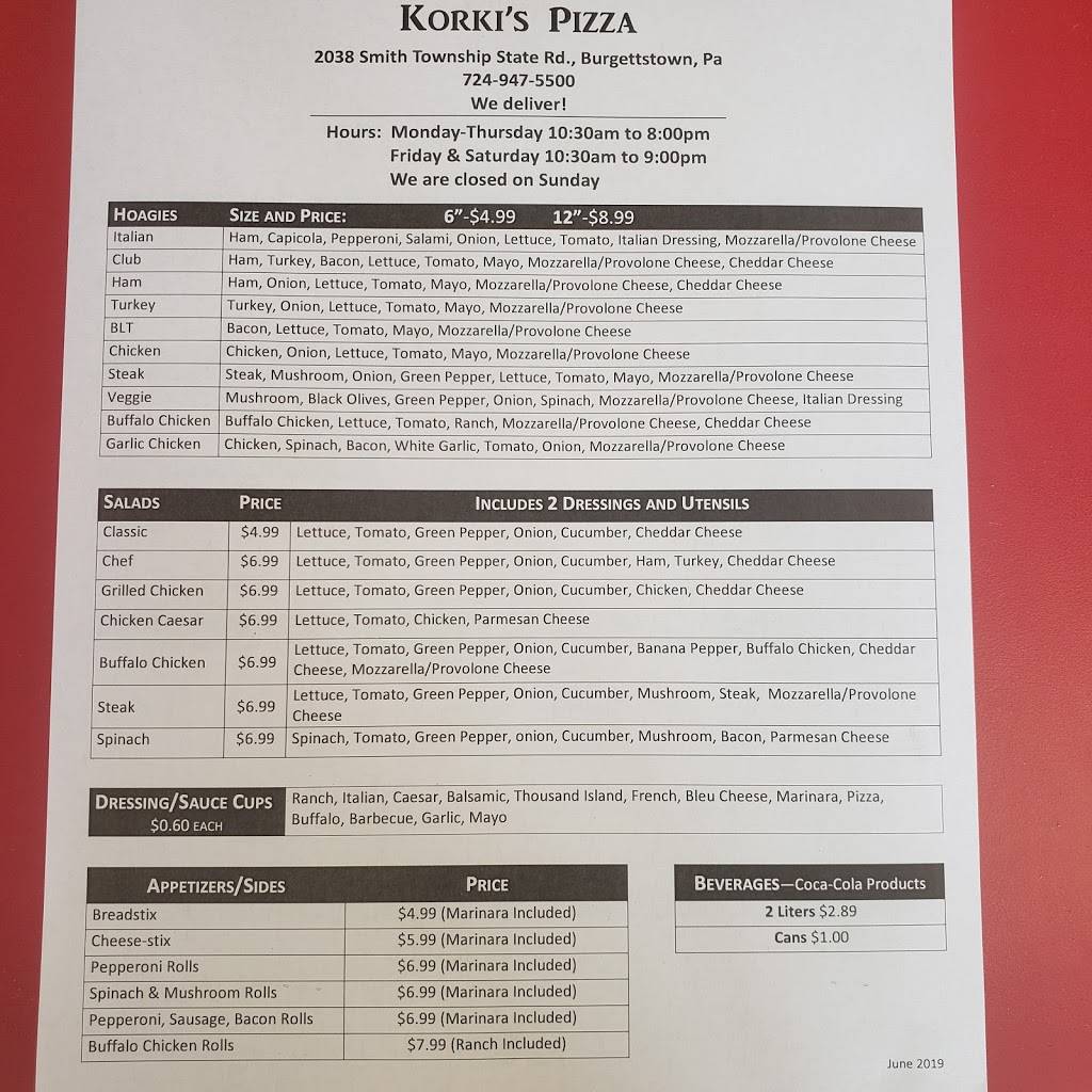 Korkis Pizza | restaurant | 2038 Smith Township State Rd, Burgettstown, PA 15021, USA | 7249475500 OR +1 724-947-5500