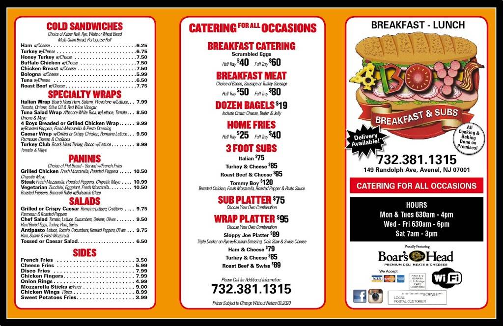 FOUR BOYS DELI 2 | restaurant | 149 Randolph Ave, Avenel, NJ 07001, USA | 7323811315 OR +1 732-381-1315